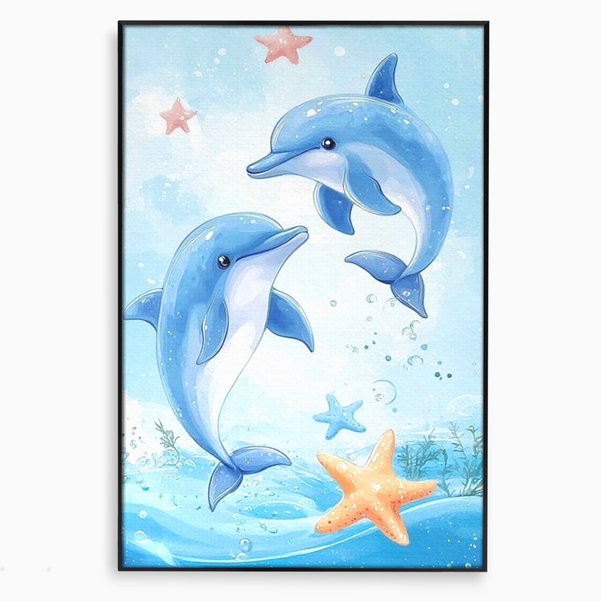 Tablou canvas cu ilustratie cu doi delfini jucausi, in rama de aluminiu negru